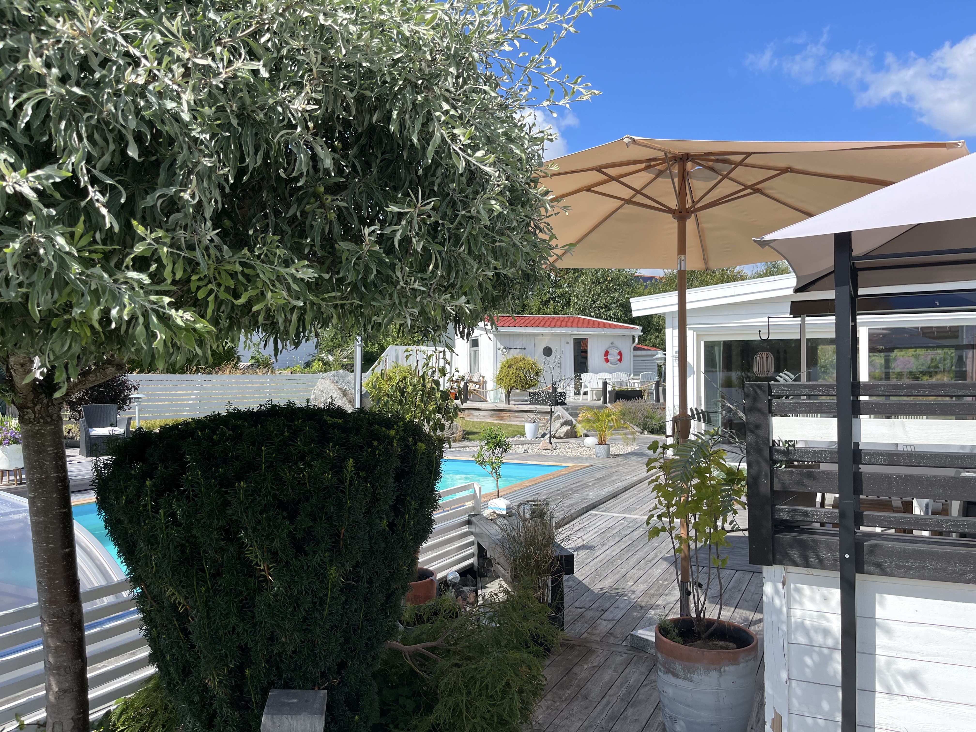 Trädgård med pool, utekök, utedusch,poolhus, uterum, pergola, utemöbler.