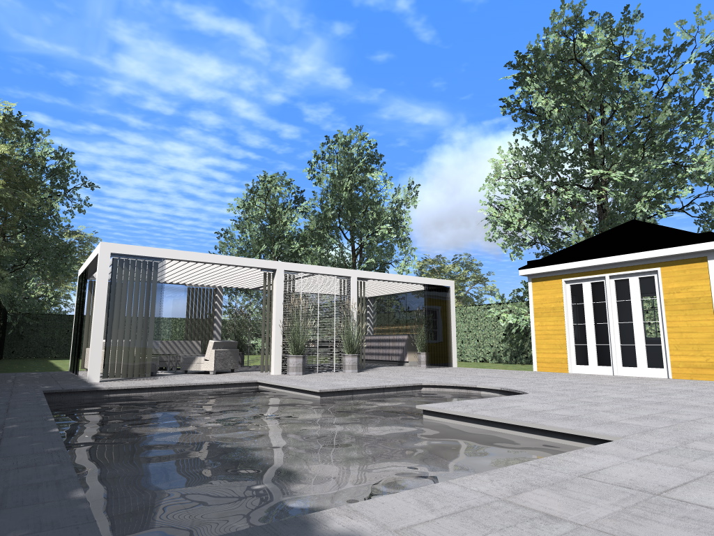 Poolområde med pergola, poolhus